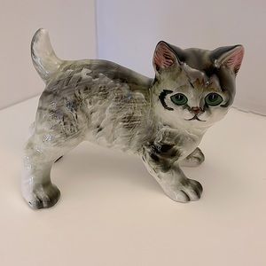 Vintage, Japan, ceramic, gray Tabby cat with beautiful emerald green eyes! Cute!